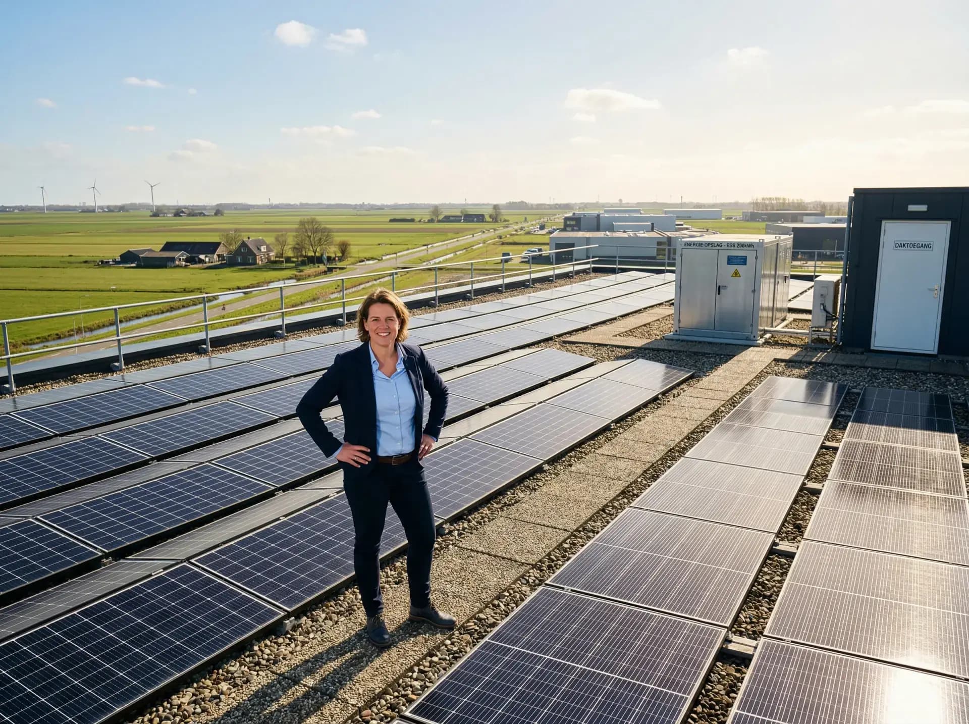 Ondernemer bekijkt zonnepanelen op bedrijfsdak met energieopslagsysteem op de voorgrond