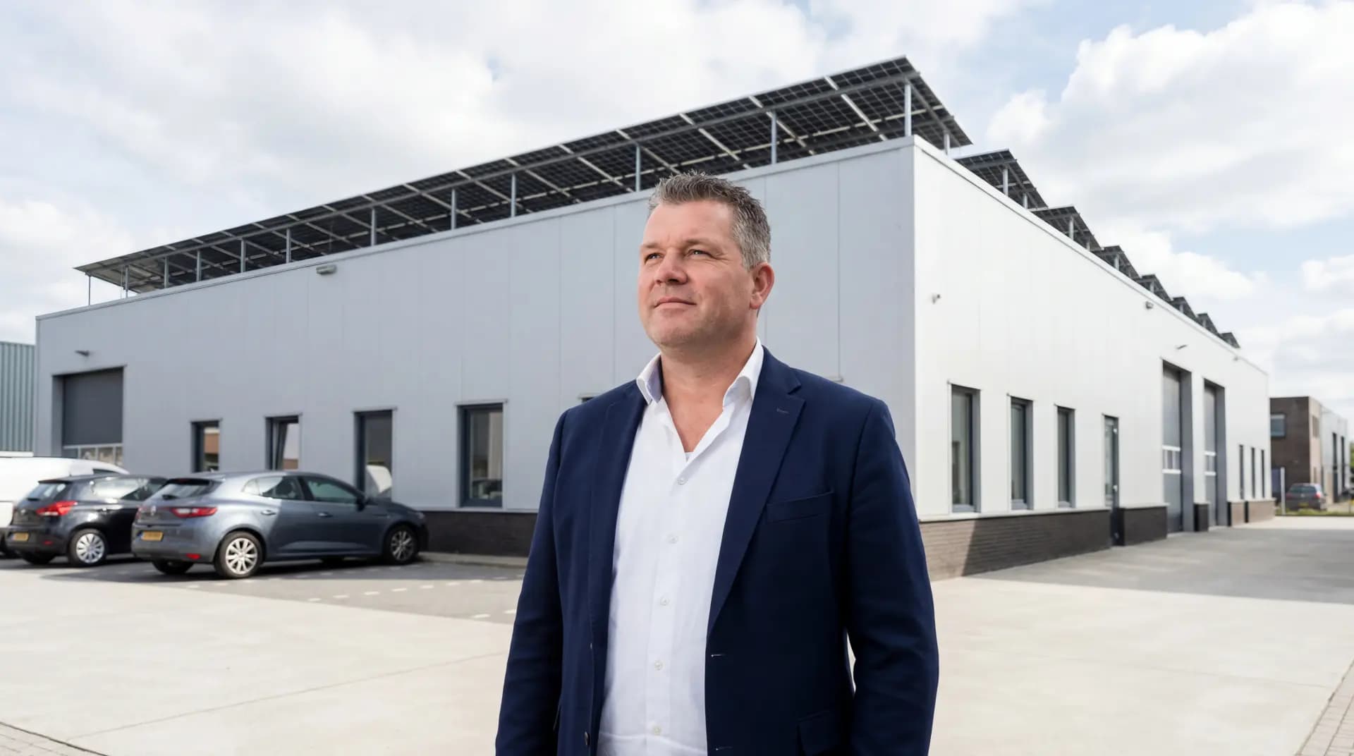 MKB-ondernemer bekijkt zonnepanelen op zijn bedrijfspand