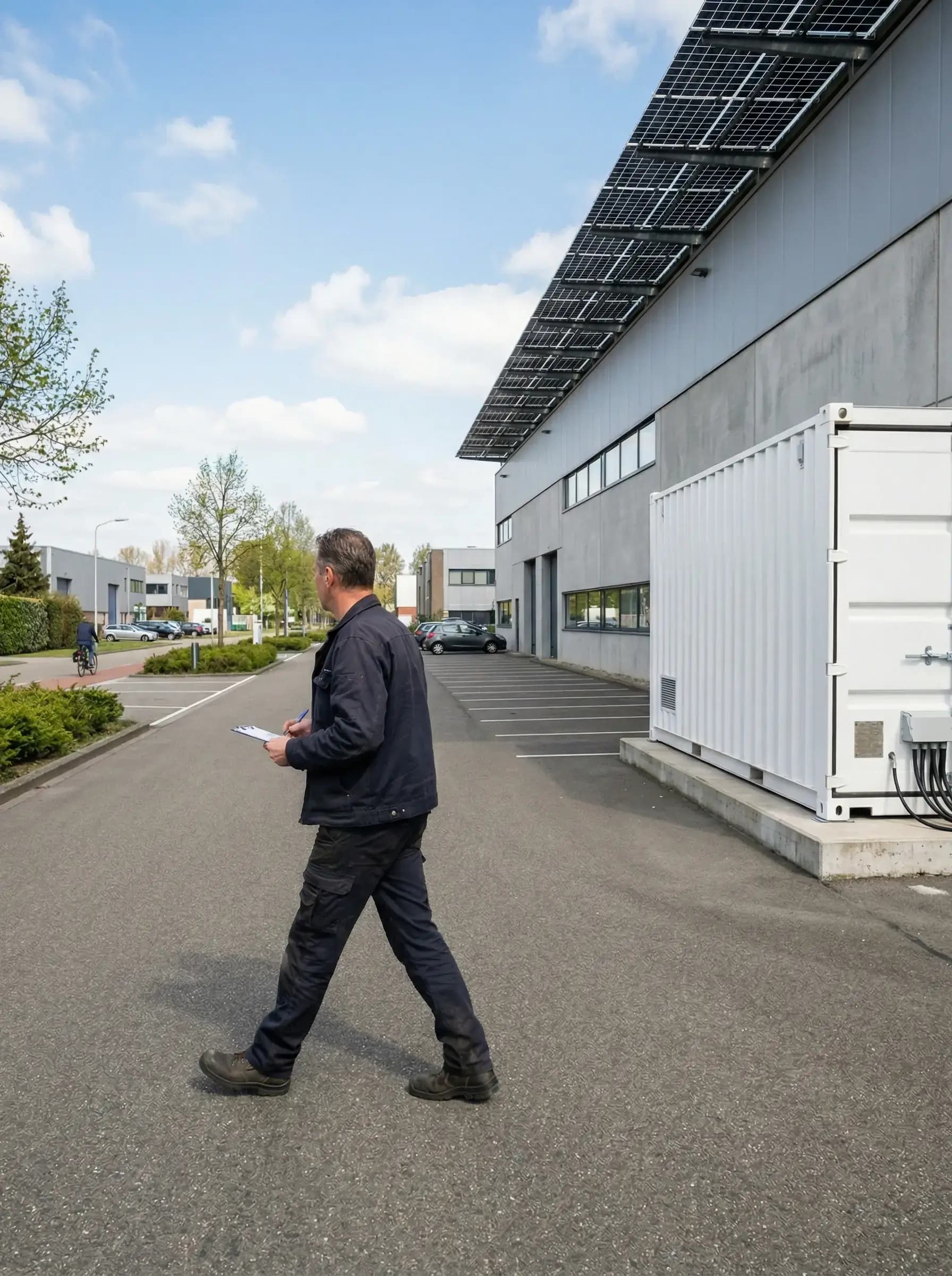 Bedrijventerrein met energieopslagsystemen en zonnepanelen op bedrijfsdaken