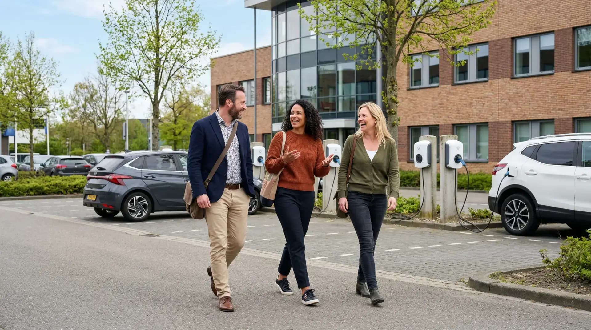 Bedrijfsparkeerplaats met meerdere elektrische voertuigen aan laadpunten