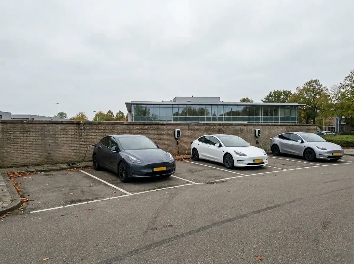 Bedrijfsparkeerplaats met meerdere laadpunten en opladende elektrische auto's