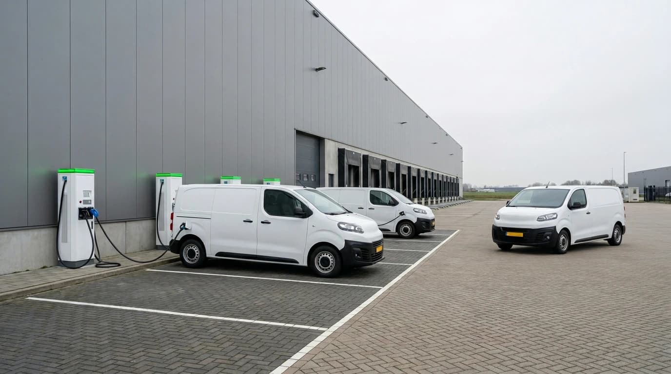 Elektrische bestelbussen laden bij DC snellader op distributiecentrum met zonnepanelen op dak