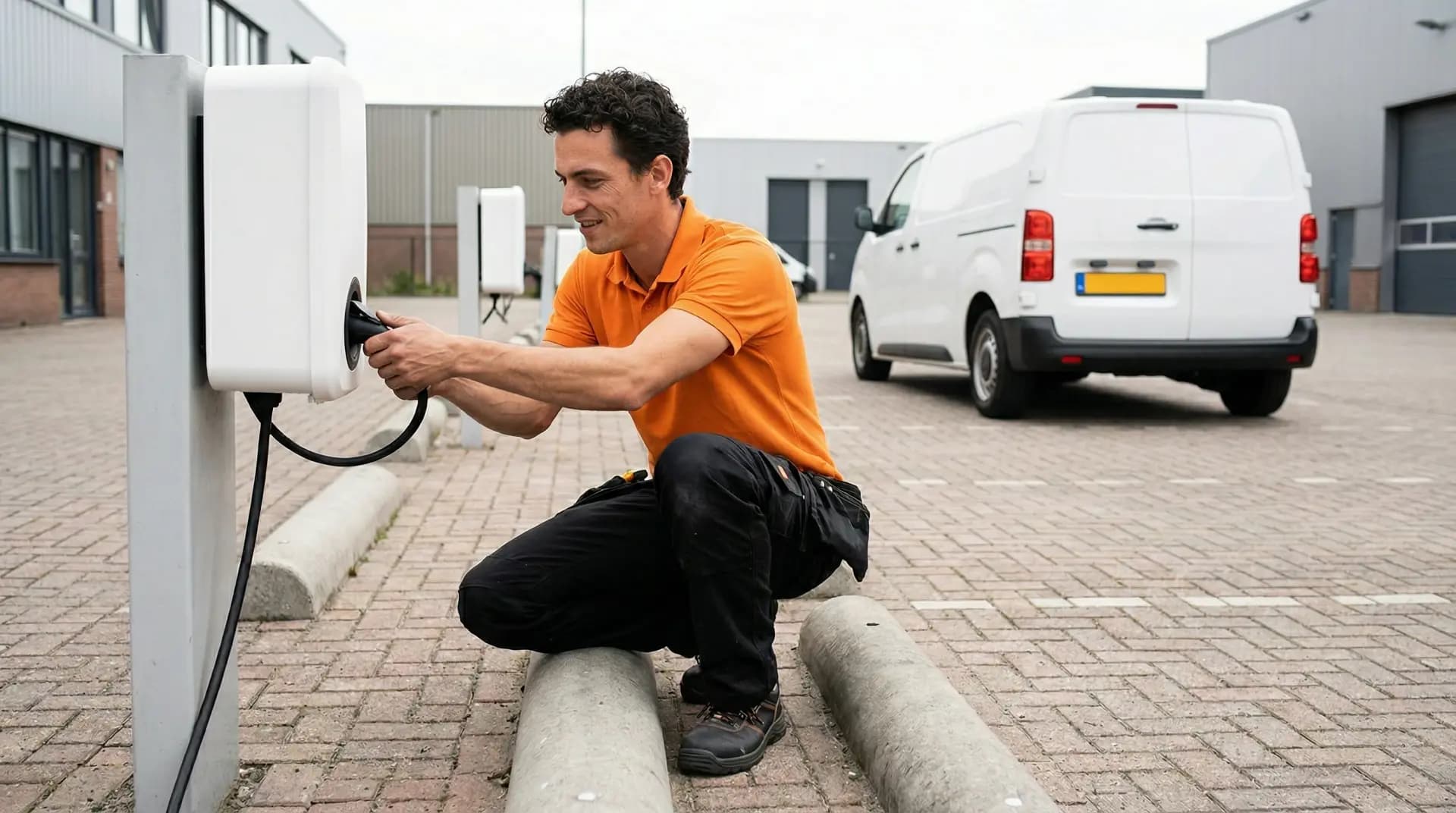Installateur monteert AC-laadpunten op bedrijfsparkeerplaats