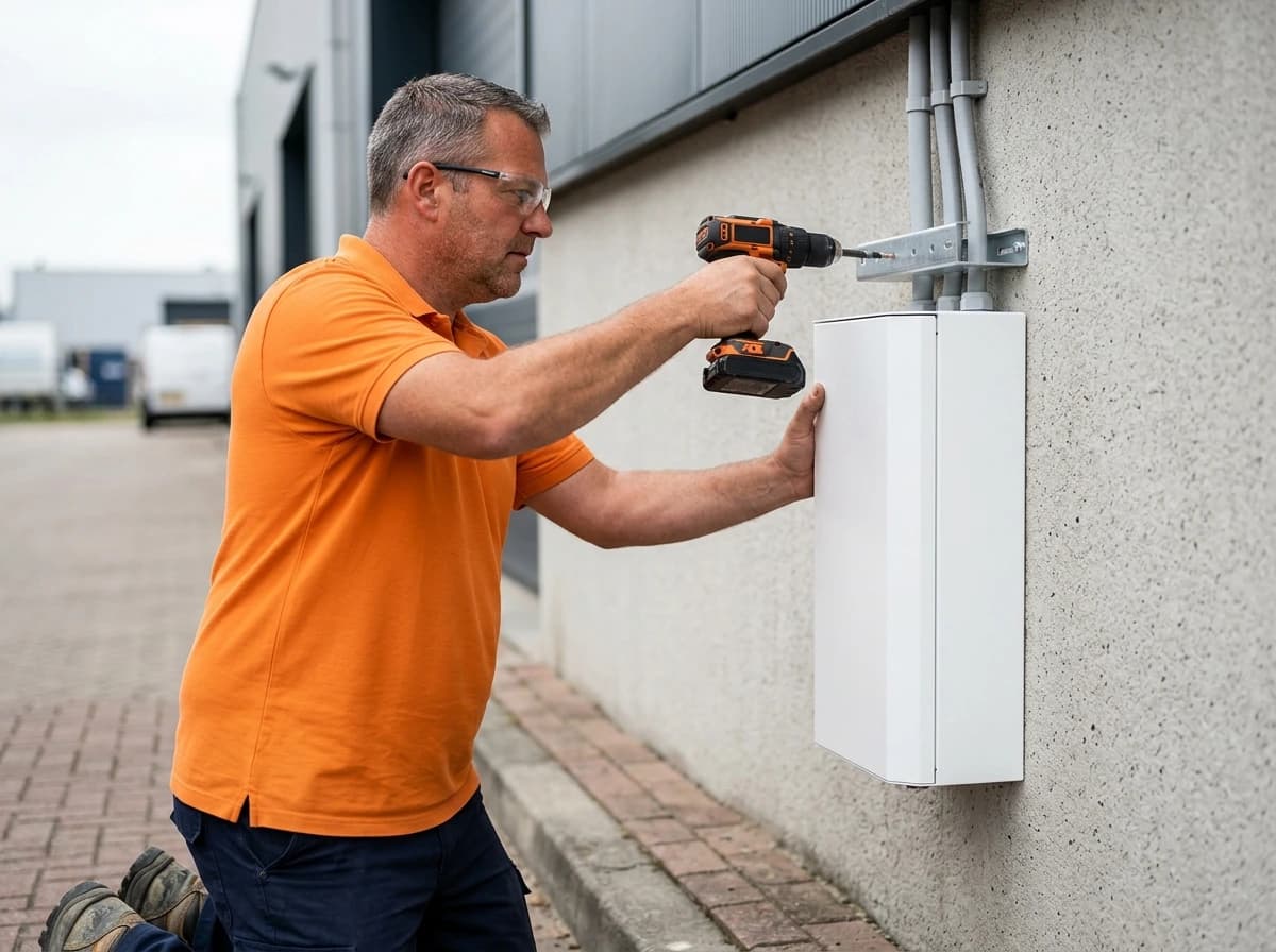 Installateur monteert DC snellader bij bedrijfspand met gereedschap en bekabeling