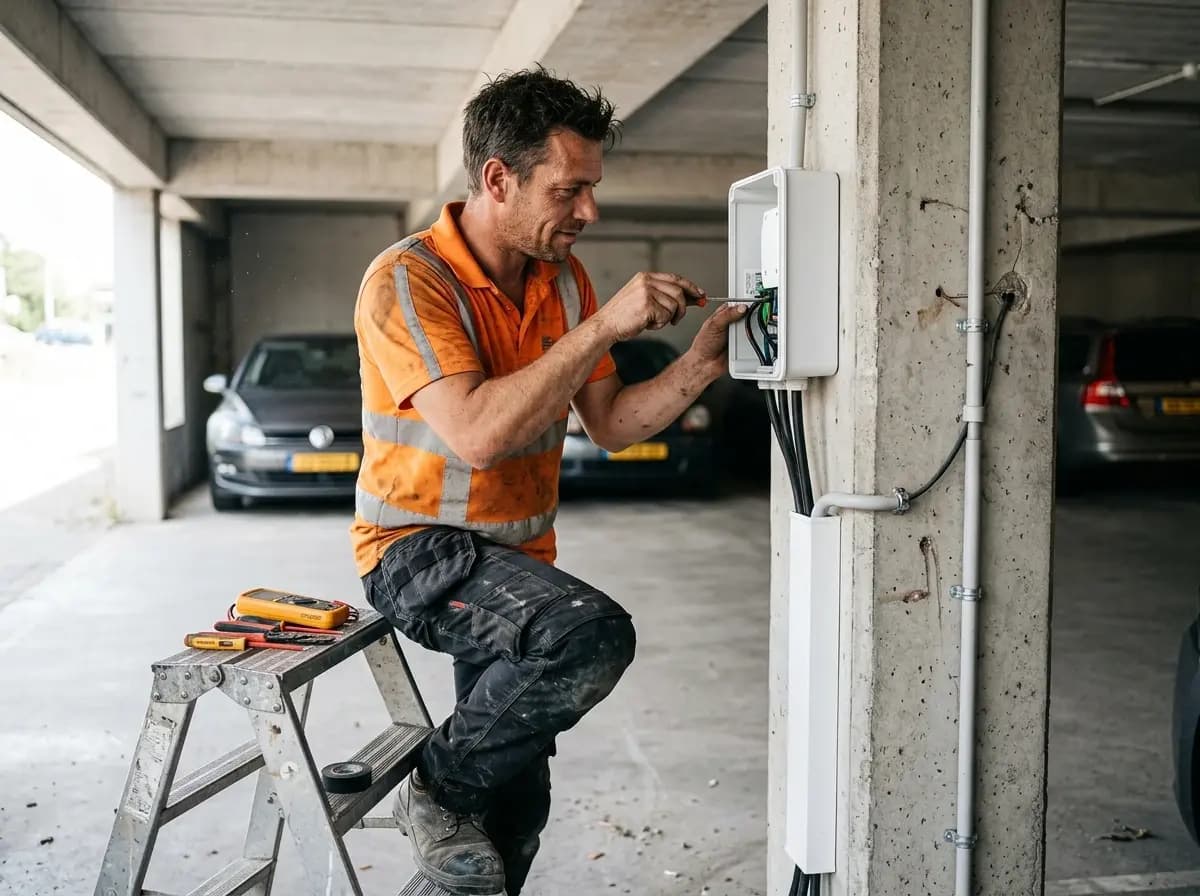 Installateur monteert zakelijke laadpaal bij bedrijfsparkeerplaats