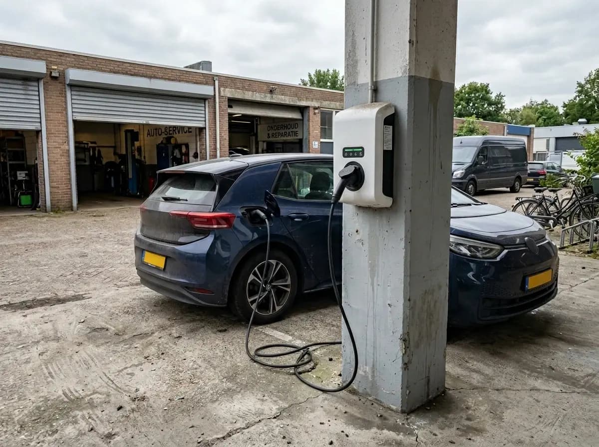 Installateur plaatst AC-laadpaal bij kleine bedrijfsparkeerplaats