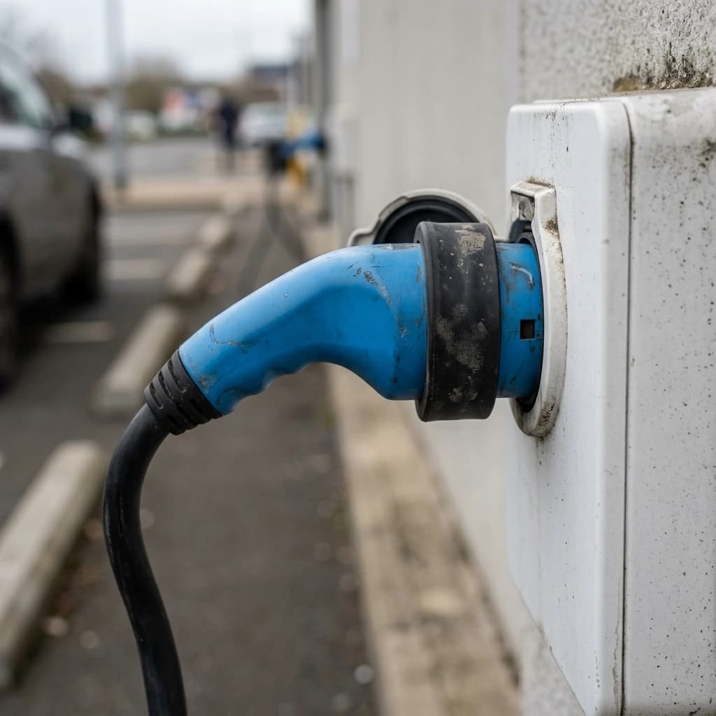 Close-up van laadkabel bij zakelijke laadpaal op bedrijfsparkeerplaats