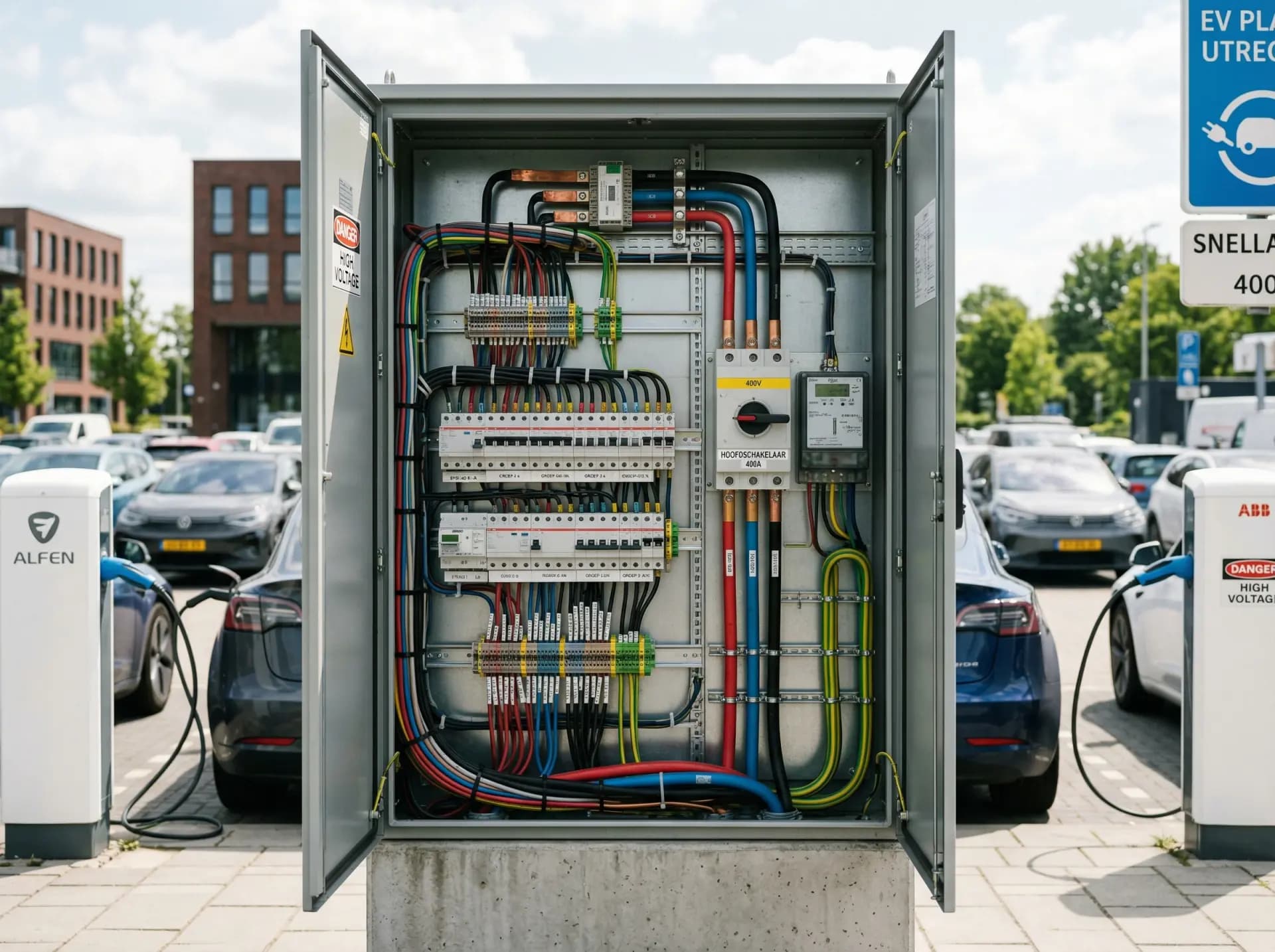 Centraal verdeelstation met bekabeling voor laadplein op bedrijfsterrein