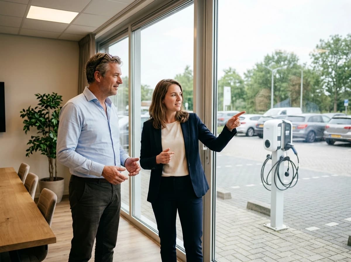 Ondernemer bespreekt laadpaal-investering met adviseur bij kantoorgebouw