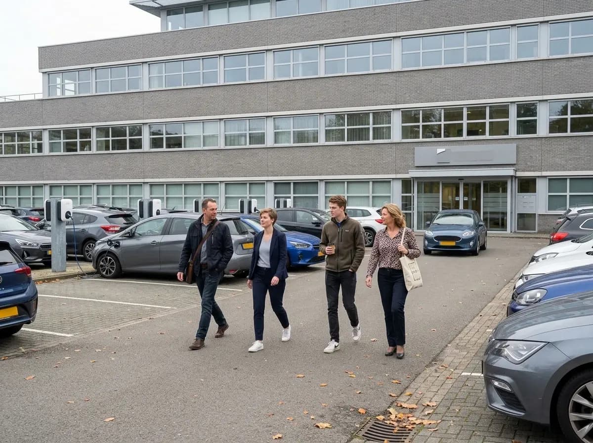 Werknemers laden elektrische auto's op zakelijke parkeerplaats met meerdere laadpalen