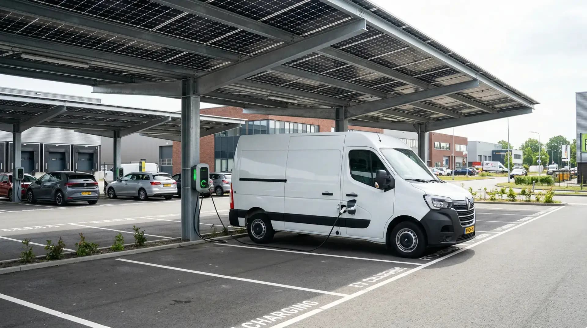 Elektrische bedrijfswagen laadt op onder solar carport met zonnepanelen op bedrijventerrein