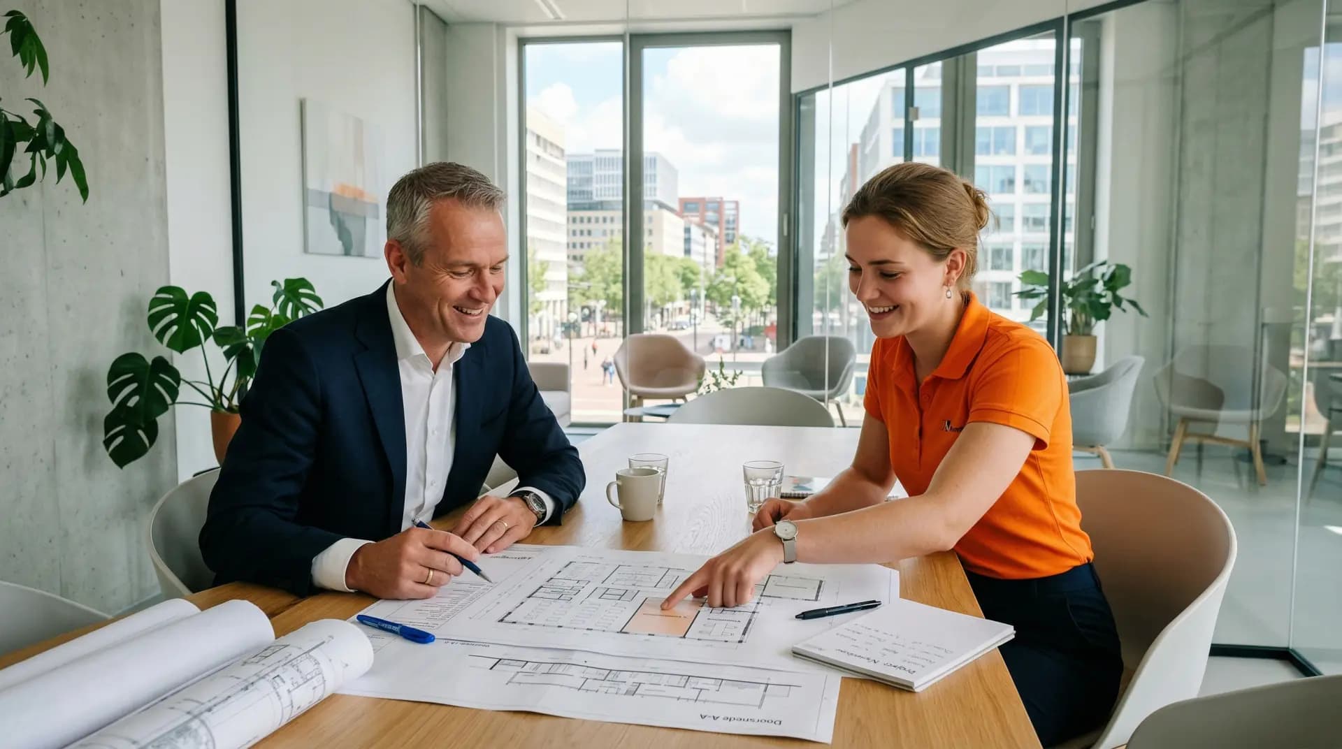 Ondernemer en energieadviseur bespreken solar carport offerte aan vergadertafel met bouwtekeningen