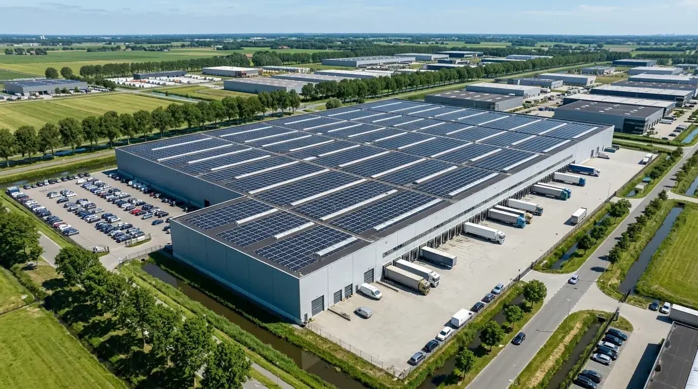 Luchtfoto van groot bedrijfsdak volledig bedekt met zonnepanelen in Nederlands industriegebied