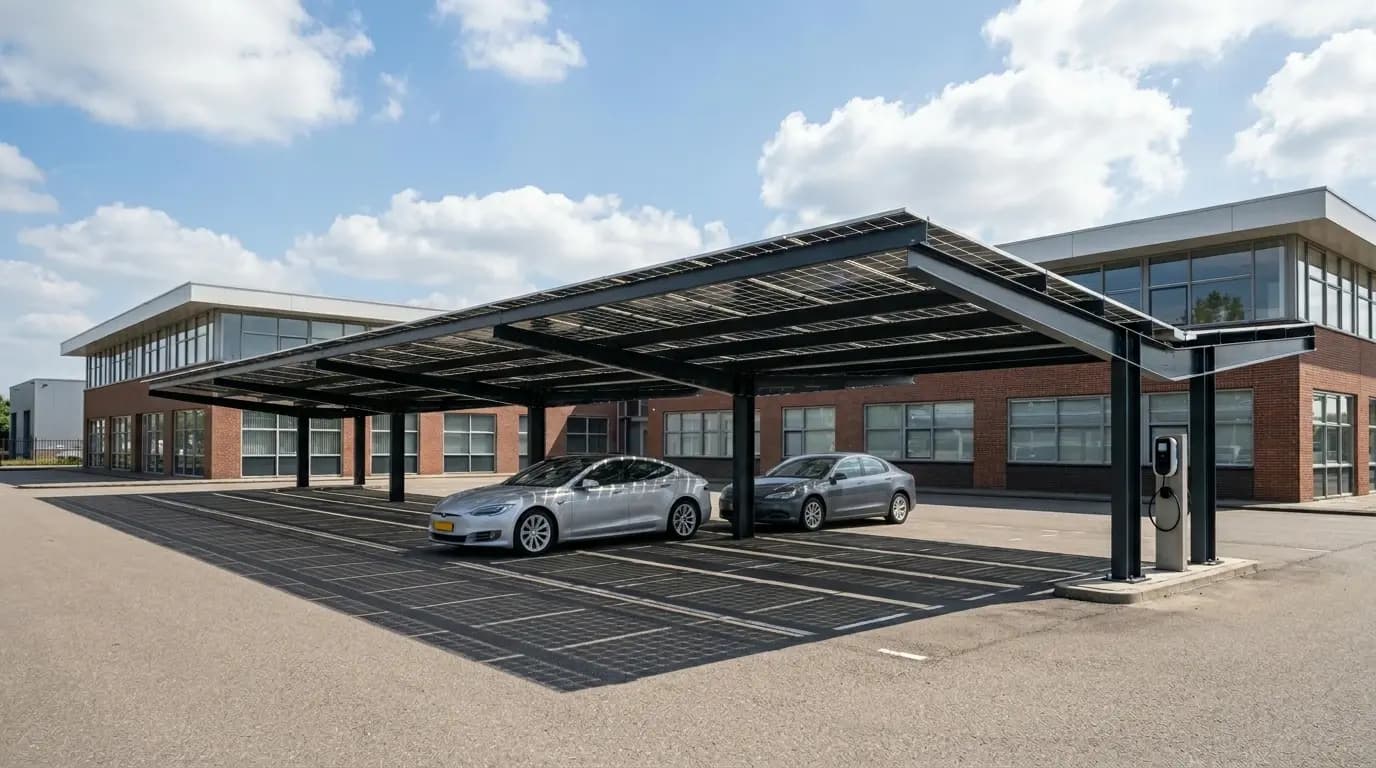 Luchtfoto van solar carport met zonnepanelen op bedrijfsparkeerplaats met geparkeerde autos